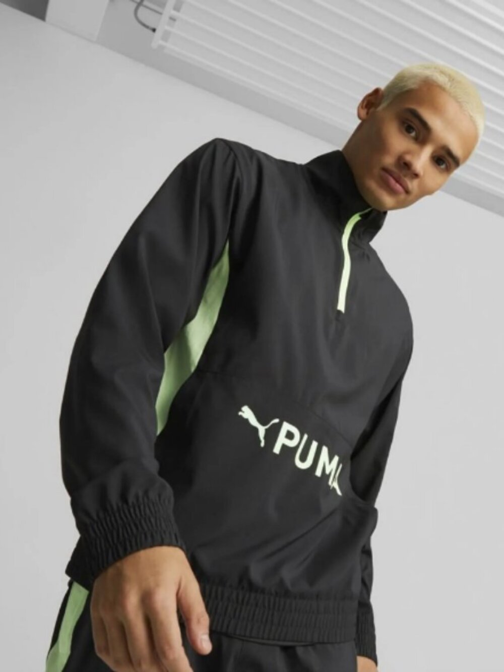 Puma Fit Heritage woven 1/2 Zip in black and green